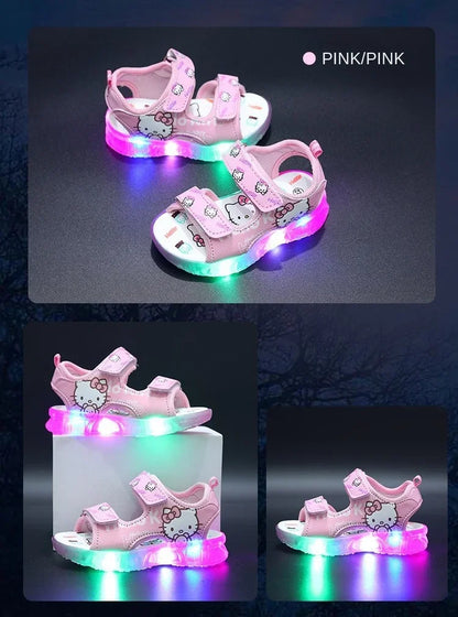 2024 Summer New Baby Girls Led Light Sandals Cute Hello Kitty Children's Casual Shoes Anti-slip Kids Beach Shoes Outdoor Shoes