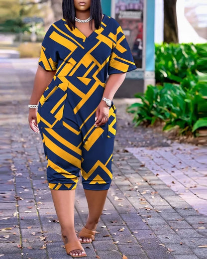 2025 Europe and America Plus Size Summer Loose V-Neck Stitched Patch Pocket Printed Jumpsuit