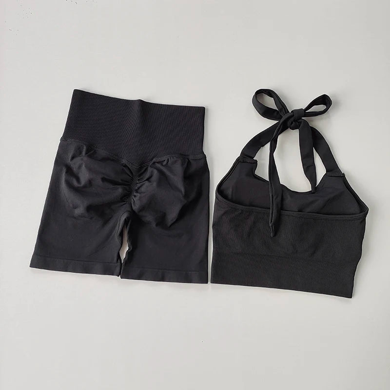 Peach Hip Lifting Suit Neck Hanging Sports Bra Shockproof Gathering Bra Quick Drying Short Set Gym Fitness Running Yoga Suit