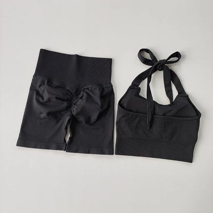 Peach Hip Lifting Suit Neck Hanging Sports Bra Shockproof Gathering Bra Quick Drying Short Set Gym Fitness Running Yoga Suit