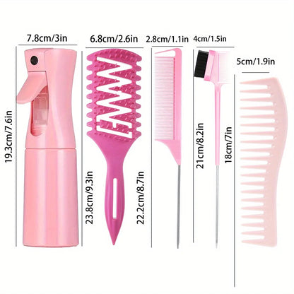 5pcs Hair Styling Set Mist Water Spray Bottle Candy Brush Pointed Tail Edge Control Brush Wide-tooth Hairbrush Hairdressing Tool