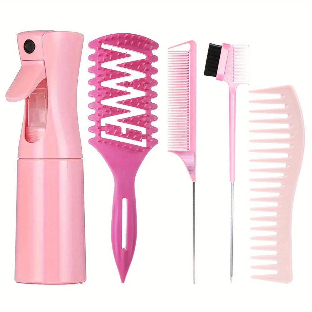 5pcs Hair Styling Set Mist Water Spray Bottle Candy Brush Pointed Tail Edge Control Brush Wide-tooth Hairbrush Hairdressing Tool
