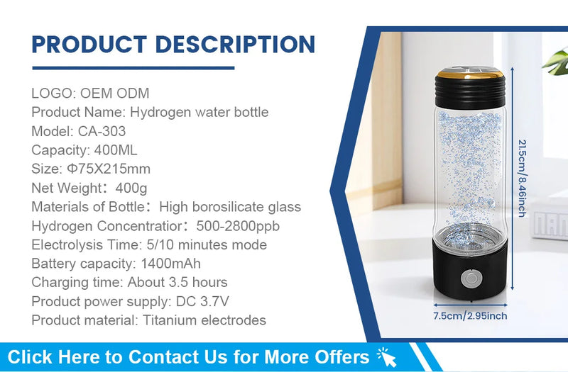 2300ppb Hydrogen Bottle Hydrogen Water Generator Bottle SPE Hydrogen Rich Water Bottle Quick Electrolysis Hydrogen Bottles Water