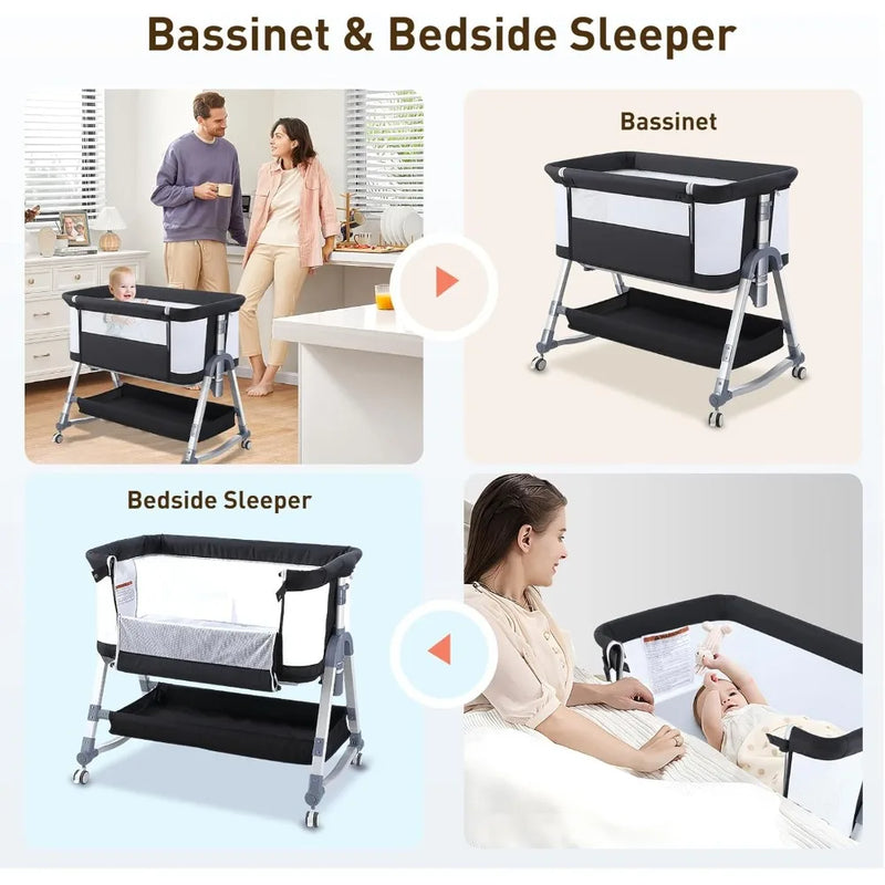 4 in 1 Bedside Bassinet for Baby, Portable Baby Bassinet with Wheels, Baby Crib with Changing Station, Mattress Included and Sto