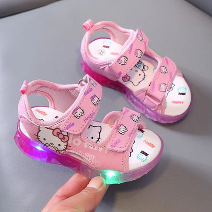 2024 Summer New Baby Girls Led Light Sandals Cute Hello Kitty Children's Casual Shoes Anti-slip Kids Beach Shoes Outdoor Shoes