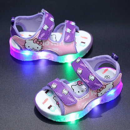 2024 Summer New Baby Girls Led Light Sandals Cute Hello Kitty Children's Casual Shoes Anti-slip Kids Beach Shoes Outdoor Shoes