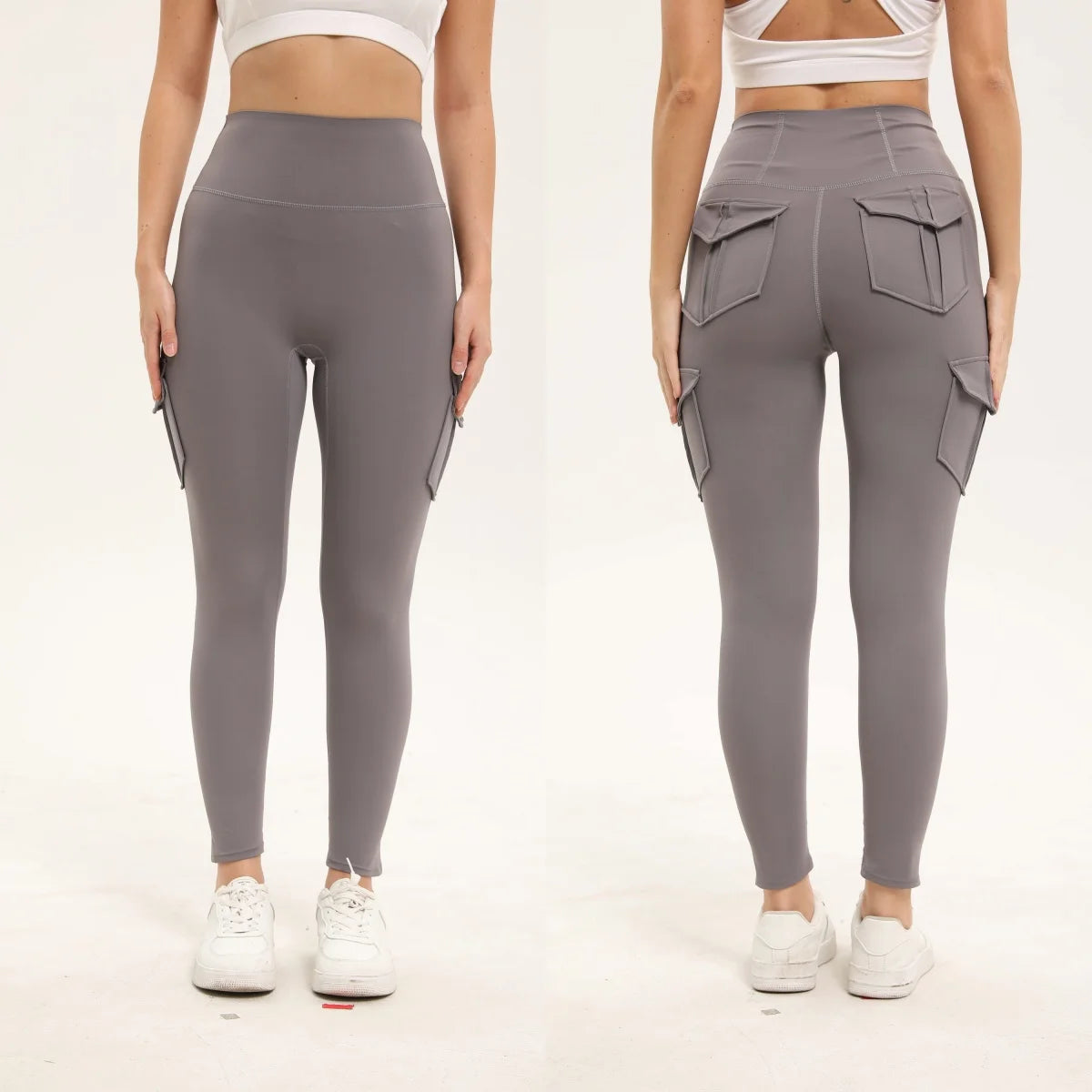 Women's Solid Color Gym Leggings High Waisted Fitness Yoga Pants Practical Pocket Stretch Outdoors Sports Cargo Styles Pants