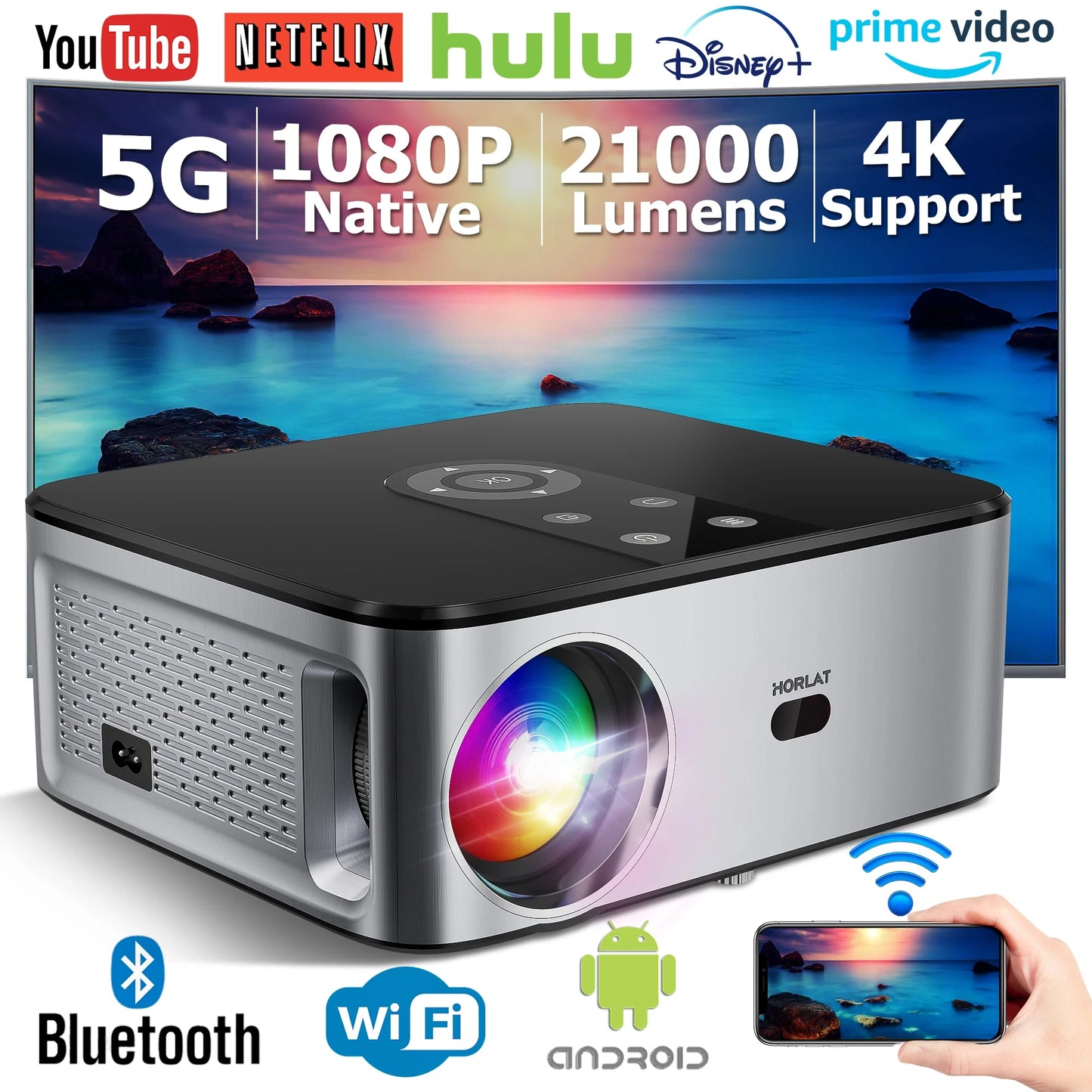 Projecteur LED Full HD, 21000Lumens, Android, 4K, 1080P, Home Cinéma, Auto Keystone, WiFi 5G, Portable, Extérieur