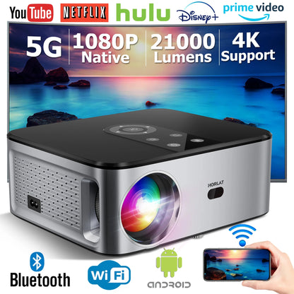 Projecteur LED Full HD, 21000Lumens, Android, 4K, 1080P, Home Cinéma, Auto Keystone, WiFi 5G, Portable, Extérieur