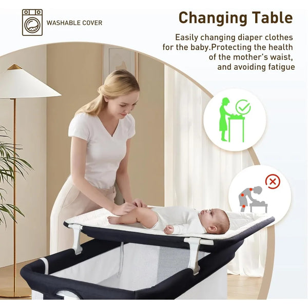 4 in 1 Bedside Bassinet for Baby, Portable Baby Bassinet with Wheels, Baby Crib with Changing Station, Mattress Included and Sto