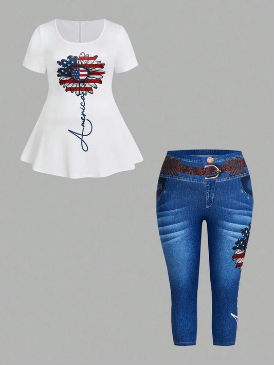 Plus Size 2 Piece Plus Size Set, Floral Print Short Sleeve Crew Neck Top and Casual Denim Trousers with Pockets and Belt