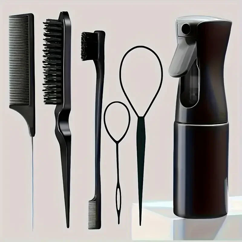 6pcs Hair Brush Set Spray Bottle Hair Braiding Loop Rat Tail Comb Teasing Hair Brsuh Edge Hair Brush Curly Hair Accessories