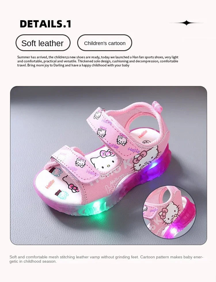 2024 Summer New Baby Girls Led Light Sandals Cute Hello Kitty Children's Casual Shoes Anti-slip Kids Beach Shoes Outdoor Shoes