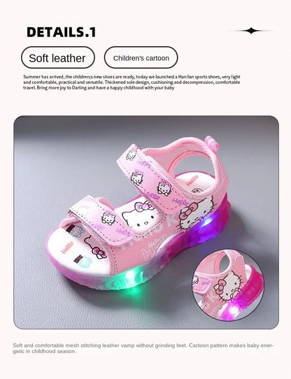 2024 Summer New Baby Girls Led Light Sandals Cute Hello Kitty Children's Casual Shoes Anti-slip Kids Beach Shoes Outdoor Shoes