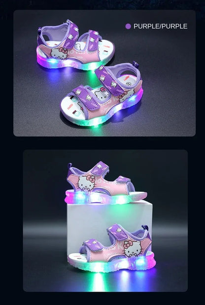 2024 Summer New Baby Girls Led Light Sandals Cute Hello Kitty Children's Casual Shoes Anti-slip Kids Beach Shoes Outdoor Shoes