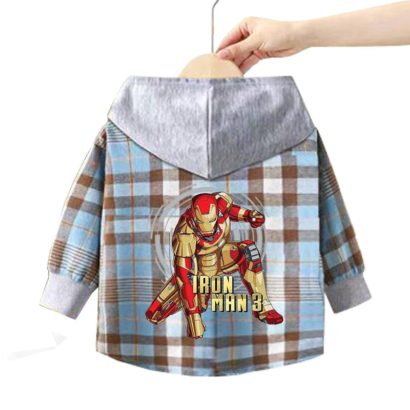 Spring Children Boys Spiderman Plaid Shirts Cartoon Casual Toddler Kid Boy Mickey Hooded Shirts Loose Long Sleeve Baby Boy Top