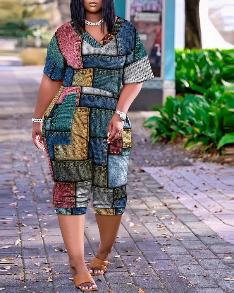 2025 Europe and America Plus Size Summer Loose V-Neck Stitched Patch Pocket Printed Jumpsuit