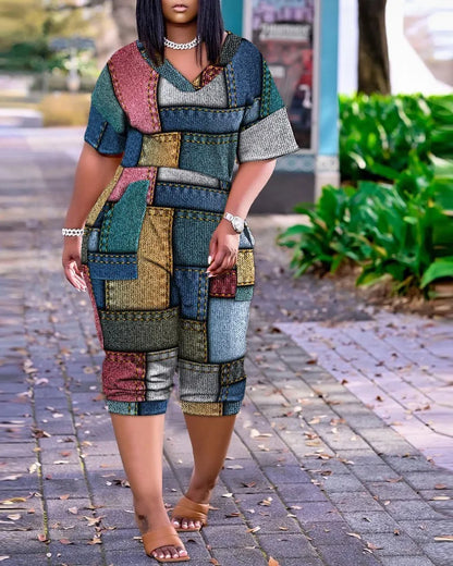2025 Europe and America Plus Size Summer Loose V-Neck Stitched Patch Pocket Printed Jumpsuit