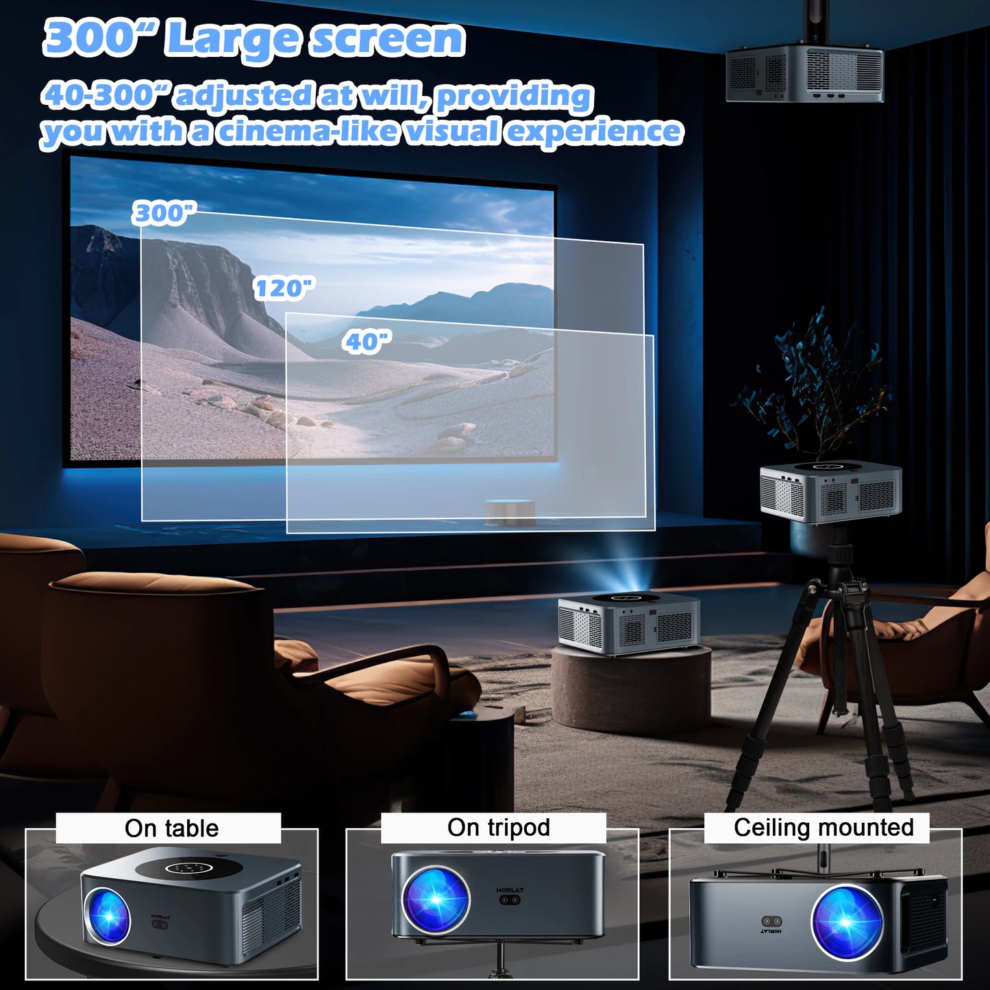 HORLAT LCD Android Projector 25000Lumen LED 4K Smart Home Theater Full HD Auto Focus Native 1080P Bluetooth 5G WiFi Video Beamer