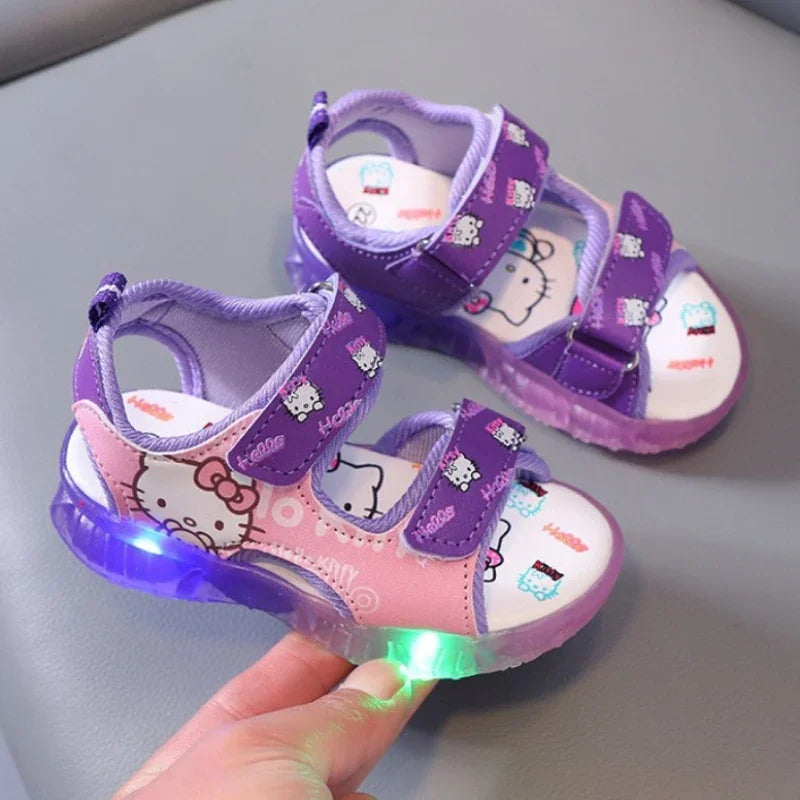 2024 Summer New Baby Girls Led Light Sandals Cute Hello Kitty Children's Casual Shoes Anti-slip Kids Beach Shoes Outdoor Shoes