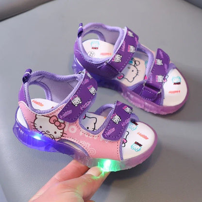 2024 Summer New Baby Girls Led Light Sandals Cute Hello Kitty Children's Casual Shoes Anti-slip Kids Beach Shoes Outdoor Shoes