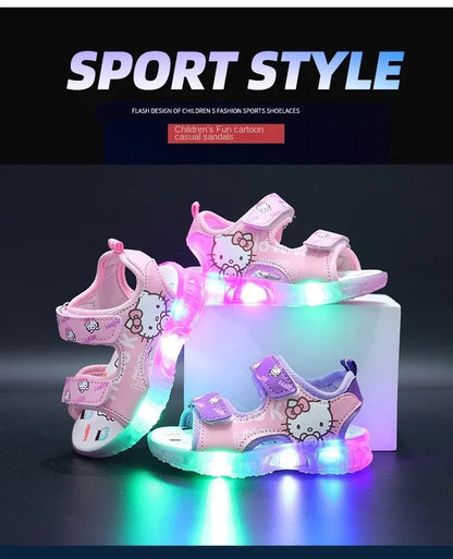2024 Summer New Baby Girls Led Light Sandals Cute Hello Kitty Children's Casual Shoes Anti-slip Kids Beach Shoes Outdoor Shoes