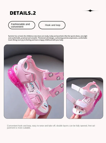 2024 Summer New Baby Girls Led Light Sandals Cute Hello Kitty Children's Casual Shoes Anti-slip Kids Beach Shoes Outdoor Shoes