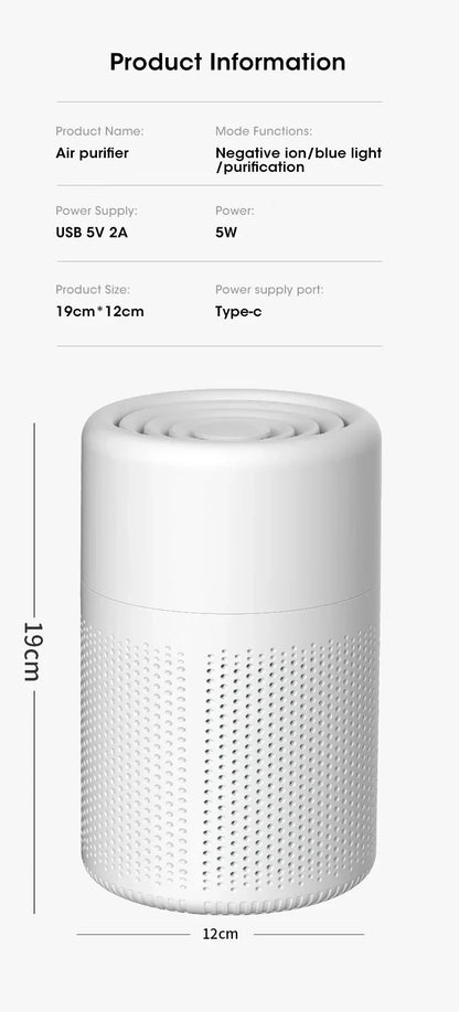 Air Purifier Smoke Odor Negative Ion Generator Household HEPA Air Purifier Efficient Purifying Air Formaldehyde for Car and Room