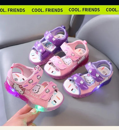 2024 Summer New Baby Girls Led Light Sandals Cute Hello Kitty Children's Casual Shoes Anti-slip Kids Beach Shoes Outdoor Shoes
