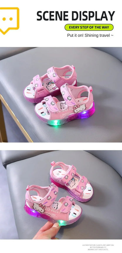 2024 Summer New Baby Girls Led Light Sandals Cute Hello Kitty Children's Casual Shoes Anti-slip Kids Beach Shoes Outdoor Shoes