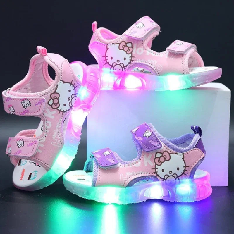 2024 Summer New Baby Girls Led Light Sandals Cute Hello Kitty Children's Casual Shoes Anti-slip Kids Beach Shoes Outdoor Shoes