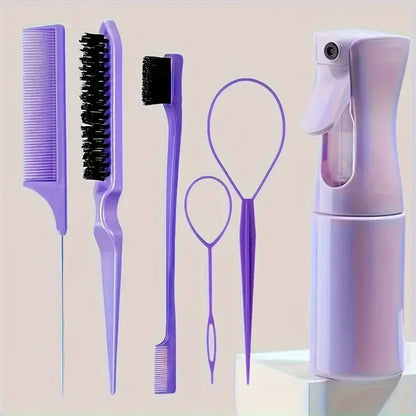6pcs Hair Brush Set Spray Bottle Hair Braiding Loop Rat Tail Comb Teasing Hair Brsuh Edge Hair Brush Curly Hair Accessories