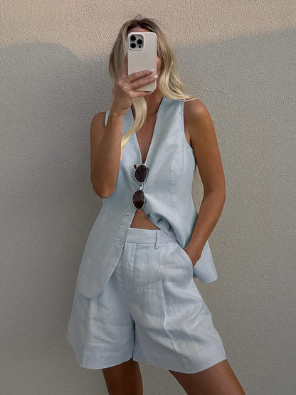 Wolfeel Cotton linen Chic Casual Vest Shorts Set Women's Fashion Commuter Sleeveless Tank Top Loose Shorts Suits Summer New