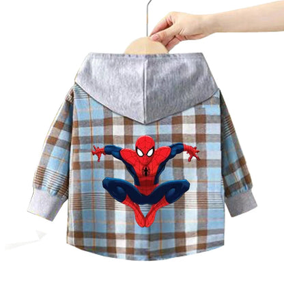 Spring Children Boys Spiderman Plaid Shirts Cartoon Casual Toddler Kid Boy Mickey Hooded Shirts Loose Long Sleeve Baby Boy Top