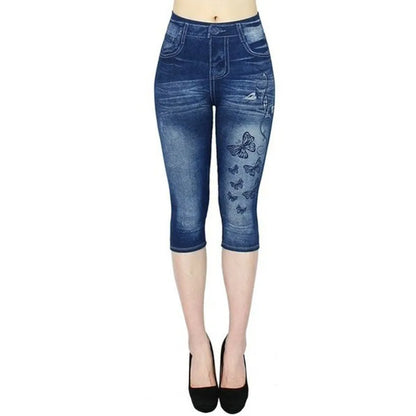 Women Plus Size Leggings Imitation Cropped Trousers 2025 New Mock Pocket Pants Slim Jeggings Denim Skinny