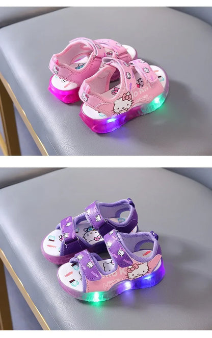 2024 Summer New Baby Girls Led Light Sandals Cute Hello Kitty Children's Casual Shoes Anti-slip Kids Beach Shoes Outdoor Shoes