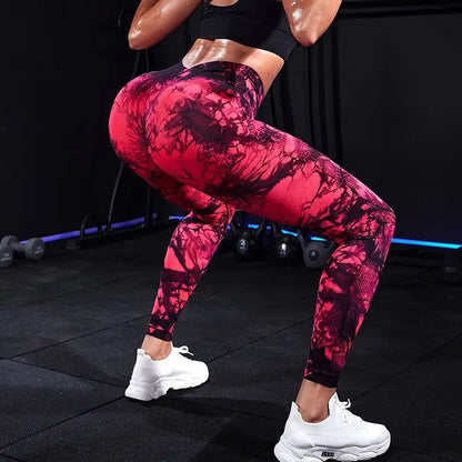 Hip Lifting Seamless Fitness Gym Leggings Tie-Dye Yoga Pants Women's Exercise Tights Tummy Control High Waist Workout Pants