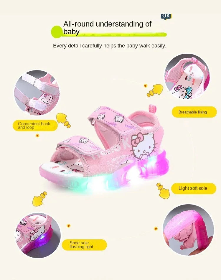 2024 Summer New Baby Girls Led Light Sandals Cute Hello Kitty Children's Casual Shoes Anti-slip Kids Beach Shoes Outdoor Shoes