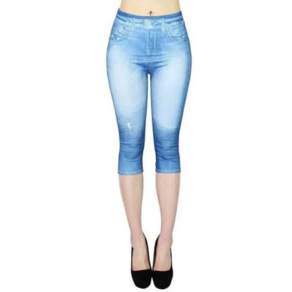 Women Plus Size Leggings Imitation Cropped Trousers 2025 New Mock Pocket Pants Slim Jeggings Denim Skinny