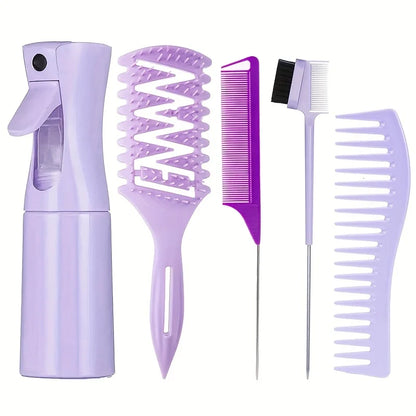 5pcs Hair Styling Set Mist Water Spray Bottle Candy Brush Pointed Tail Edge Control Brush Wide-tooth Hairbrush Hairdressing Tool