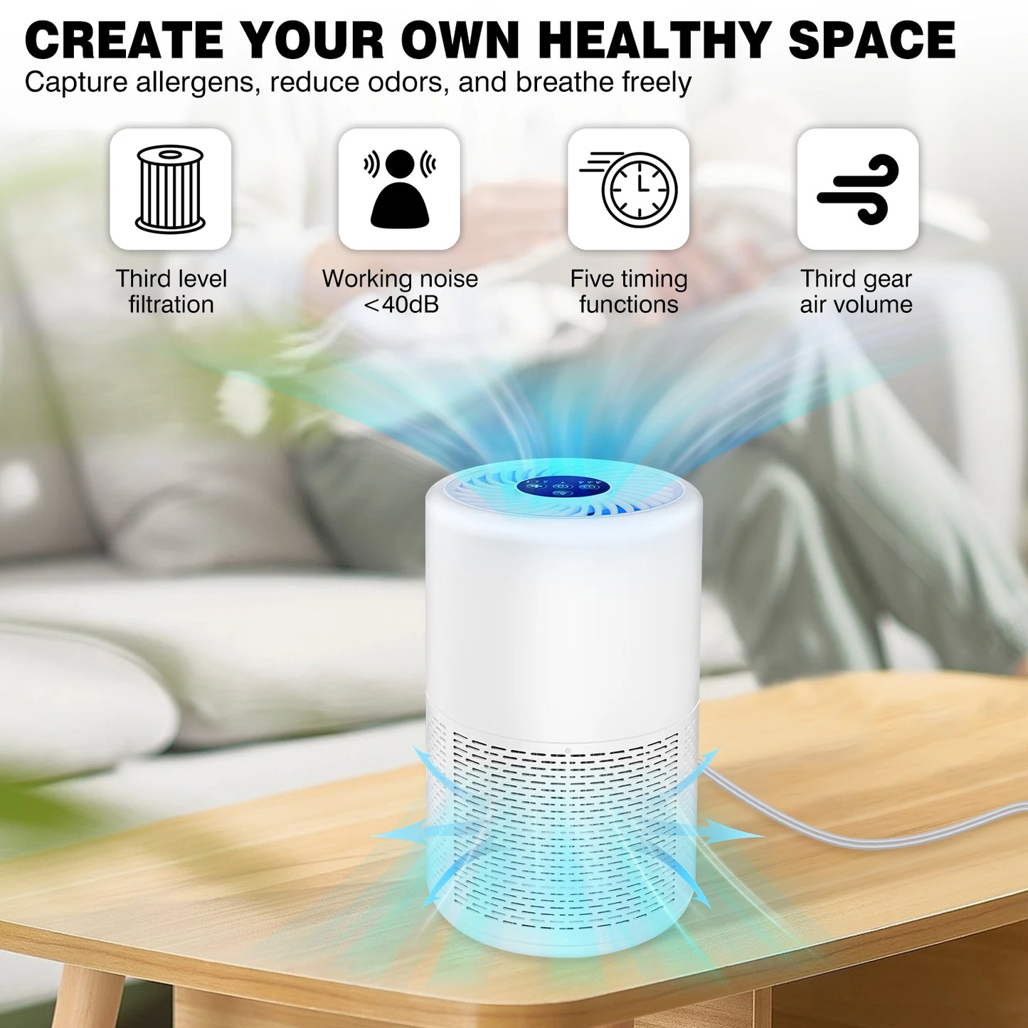 Air Purifier for Home Bedroom with H13 True HEPA Filter Air Cleaner Purification HEPA Air Purifier Smoke Odor For Pet Home