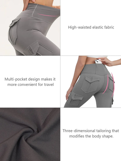 Women's Solid Color Gym Leggings High Waisted Fitness Yoga Pants Practical Pocket Stretch Outdoors Sports Cargo Styles Pants