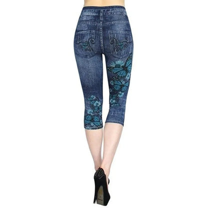 Women Plus Size Leggings Imitation Cropped Trousers 2025 New Mock Pocket Pants Slim Jeggings Denim Skinny