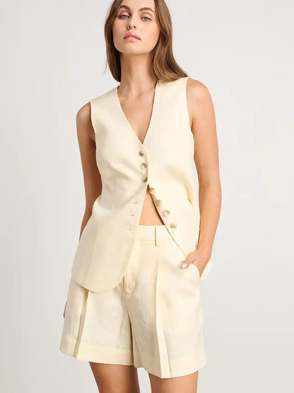 Wolfeel Cotton linen Chic Casual Vest Shorts Set Women's Fashion Commuter Sleeveless Tank Top Loose Shorts Suits Summer New