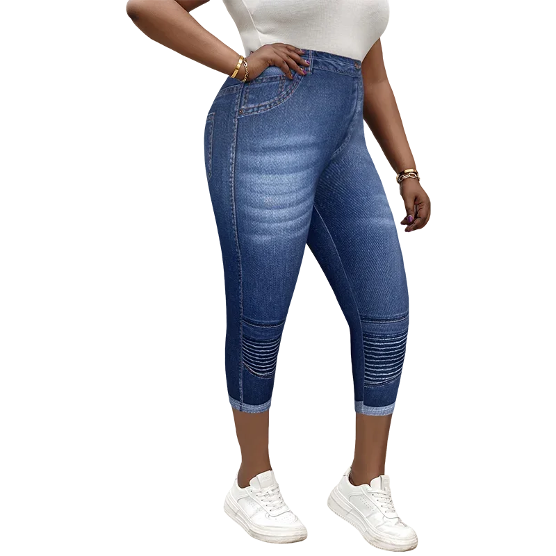 Plus Size Women's Capri Leggings with Faux Denim Print High Stretch Comfortable Knit Mid-Calf Pants for Casual Outings