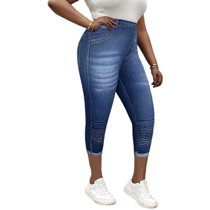 Plus Size Women's Capri Leggings with Faux Denim Print High Stretch Comfortable Knit Mid-Calf Pants for Casual Outings