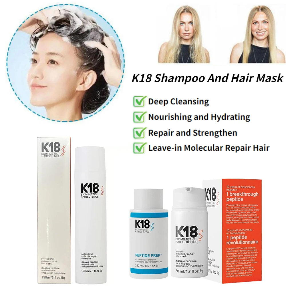 K18 Shampoo And Leave-in Molecular Repair Hair Mask Set 250ml Shampoo 1/2pcs 50ml Hair Mask Deep Cleansing Glossy Hair Care