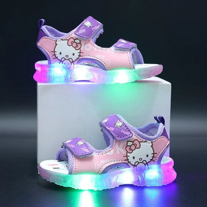 2024 Summer New Baby Girls Led Light Sandals Cute Hello Kitty Children's Casual Shoes Anti-slip Kids Beach Shoes Outdoor Shoes