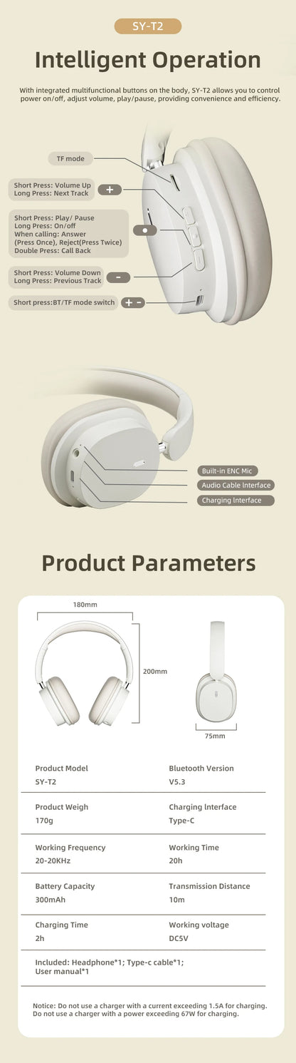 Original Bluetooth Headphone Headset SY-T2 High Quality Noise Reduction Wireless Microphone Wired Earphone Gamers Headphones