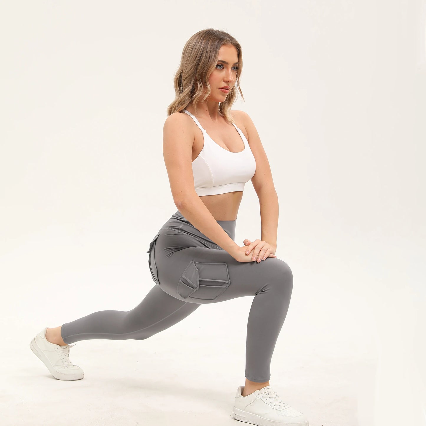 Women's Solid Color Gym Leggings High Waisted Fitness Yoga Pants Practical Pocket Stretch Outdoors Sports Cargo Styles Pants